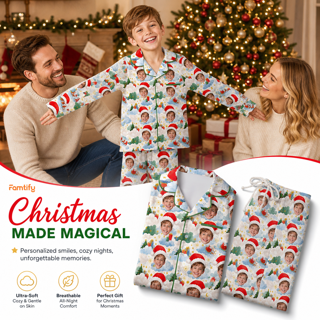 Custom Face Photo Christmas Sky Santa Hat Personalized Kid Pajamas Set Cream Satin Long Sleeve Button Up Holiday Sleepwear Nightwear Lounge Set