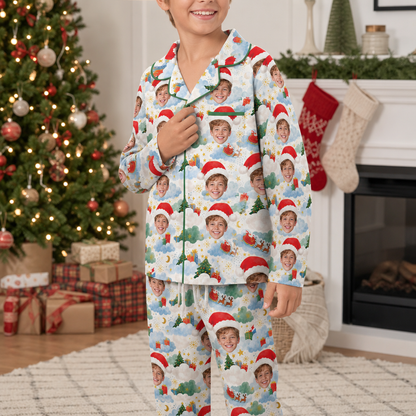 Custom Face Photo Christmas Sky Santa Hat Personalized Kid Pajamas Set Cream Satin Long Sleeve Button Up Holiday Sleepwear Nightwear Lounge Set