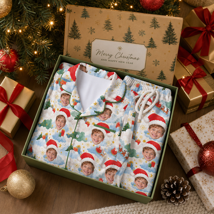 Custom Face Photo Christmas Sky Santa Hat Personalized Kid Pajamas Set Cream Satin Long Sleeve Button Up Holiday Sleepwear Nightwear Lounge Set