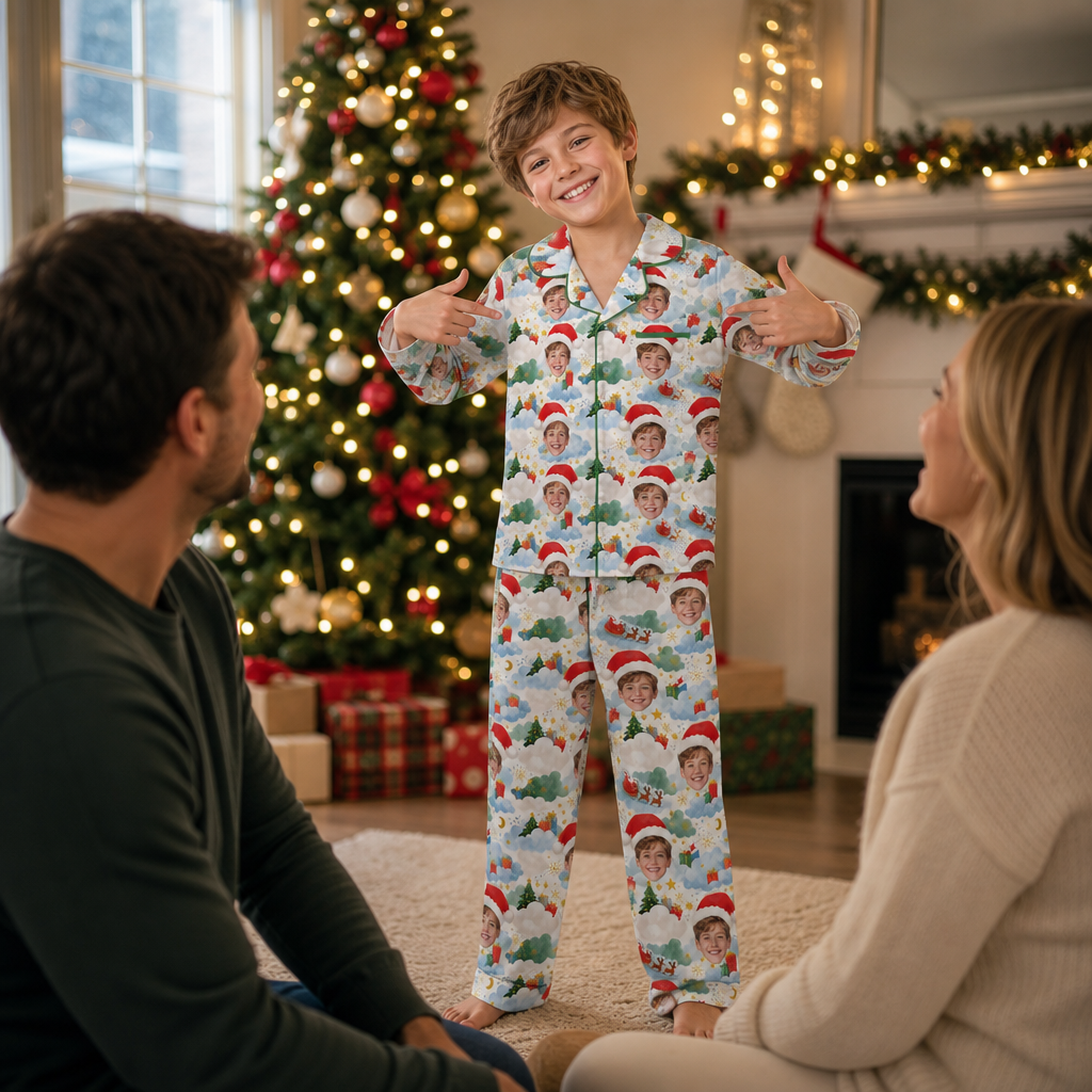 Custom Face Photo Christmas Sky Santa Hat Personalized Kid Pajamas Set Cream Satin Long Sleeve Button Up Holiday Sleepwear Nightwear Lounge Set
