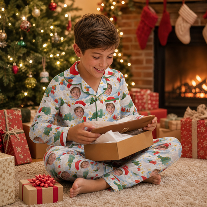 Custom Face Photo Christmas Sky Santa Hat Personalized Kid Pajamas Set Cream Satin Long Sleeve Button Up Holiday Sleepwear Nightwear Lounge Set