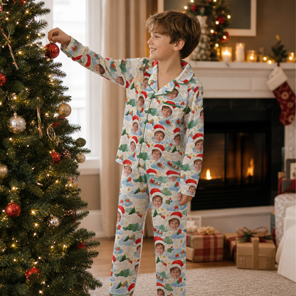 Custom Face Photo Christmas Sky Santa Hat Personalized Kid Pajamas Set Cream Satin Long Sleeve Button Up Holiday Sleepwear Nightwear Lounge Set