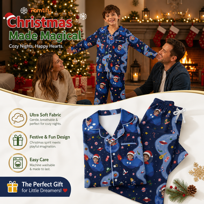 Custom Face Photo Christmas Outer Space Rocket Ship Personalized Kid Pajamas Set Blue Satin Long Sleeve Button Up Holiday Sleepwear Nightwear Lounge Set