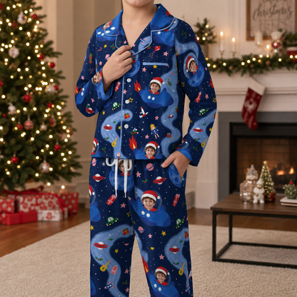 Custom Face Photo Christmas Outer Space Rocket Ship Personalized Kid Pajamas Set Blue Satin Long Sleeve Button Up Holiday Sleepwear Nightwear Lounge Set