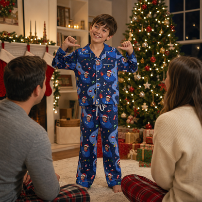 Custom Face Photo Christmas Outer Space Rocket Ship Personalized Kid Pajamas Set Blue Satin Long Sleeve Button Up Holiday Sleepwear Nightwear Lounge Set