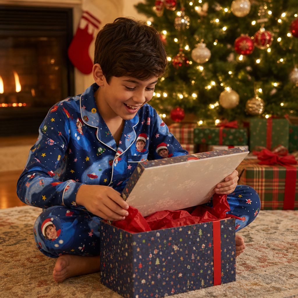 Custom Face Photo Christmas Outer Space Rocket Ship Personalized Kid Pajamas Set Blue Satin Long Sleeve Button Up Holiday Sleepwear Nightwear Lounge Set