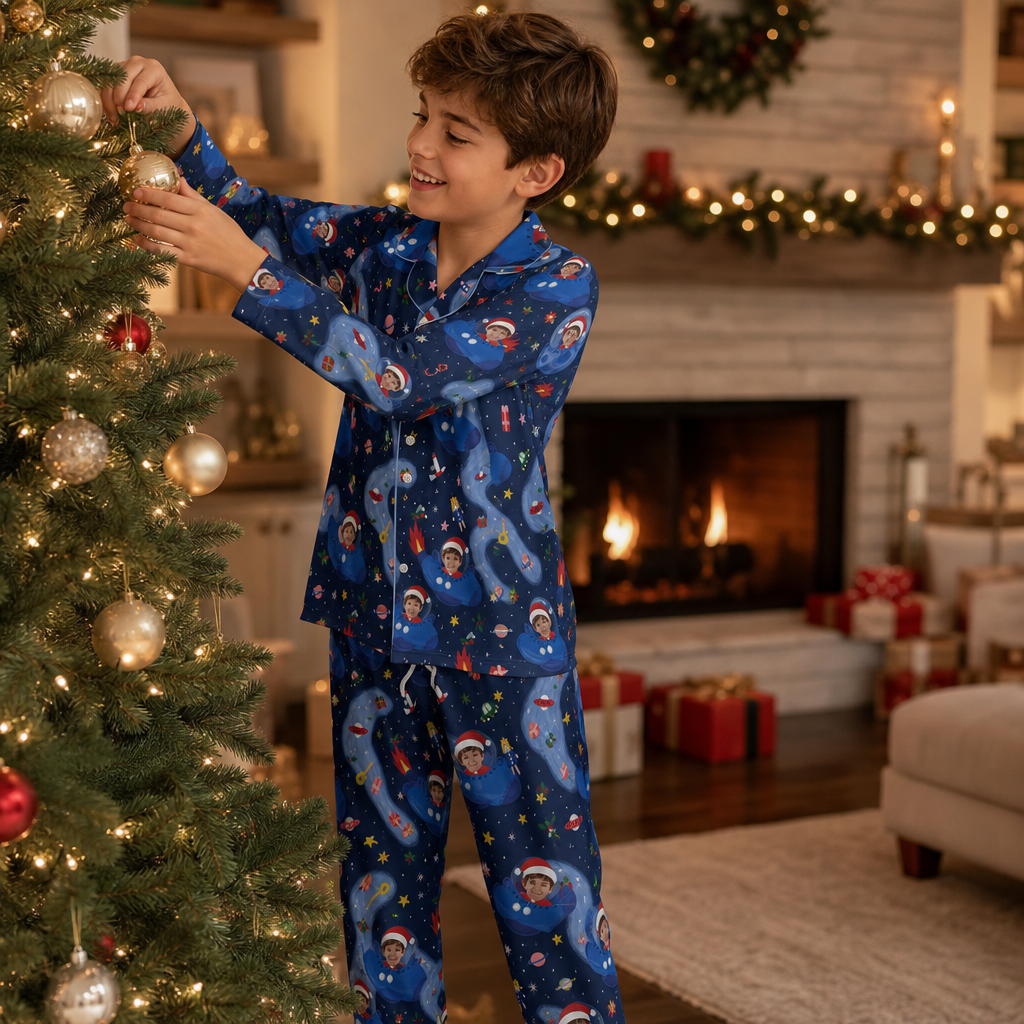 Custom Face Photo Christmas Outer Space Rocket Ship Personalized Kid Pajamas Set Blue Satin Long Sleeve Button Up Holiday Sleepwear Nightwear Lounge Set