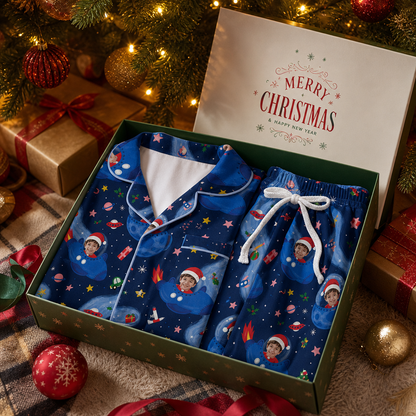 Custom Face Photo Christmas Outer Space Rocket Ship Personalized Kid Pajamas Set Blue Satin Long Sleeve Button Up Holiday Sleepwear Nightwear Lounge Set