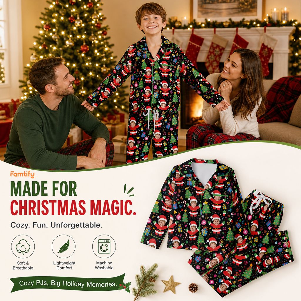 Custom Face Photo Dancing Santa Claus Christmas Personalized Kid Pajamas Set Black Satin Long Sleeve Button Up Holiday Sleepwear Nightwear Lounge Set