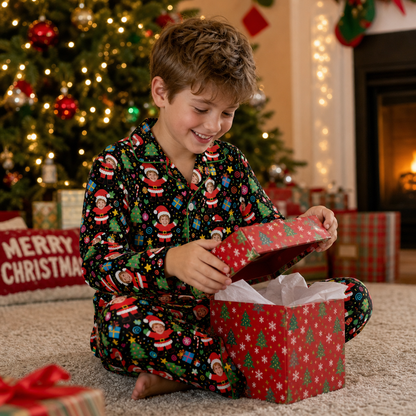 Custom Face Photo Dancing Santa Claus Christmas Personalized Kid Pajamas Set Black Satin Long Sleeve Button Up Holiday Sleepwear Nightwear Lounge Set