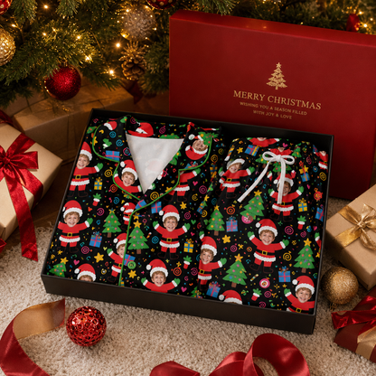 Custom Face Photo Dancing Santa Claus Christmas Personalized Kid Pajamas Set Black Satin Long Sleeve Button Up Holiday Sleepwear Nightwear Lounge Set