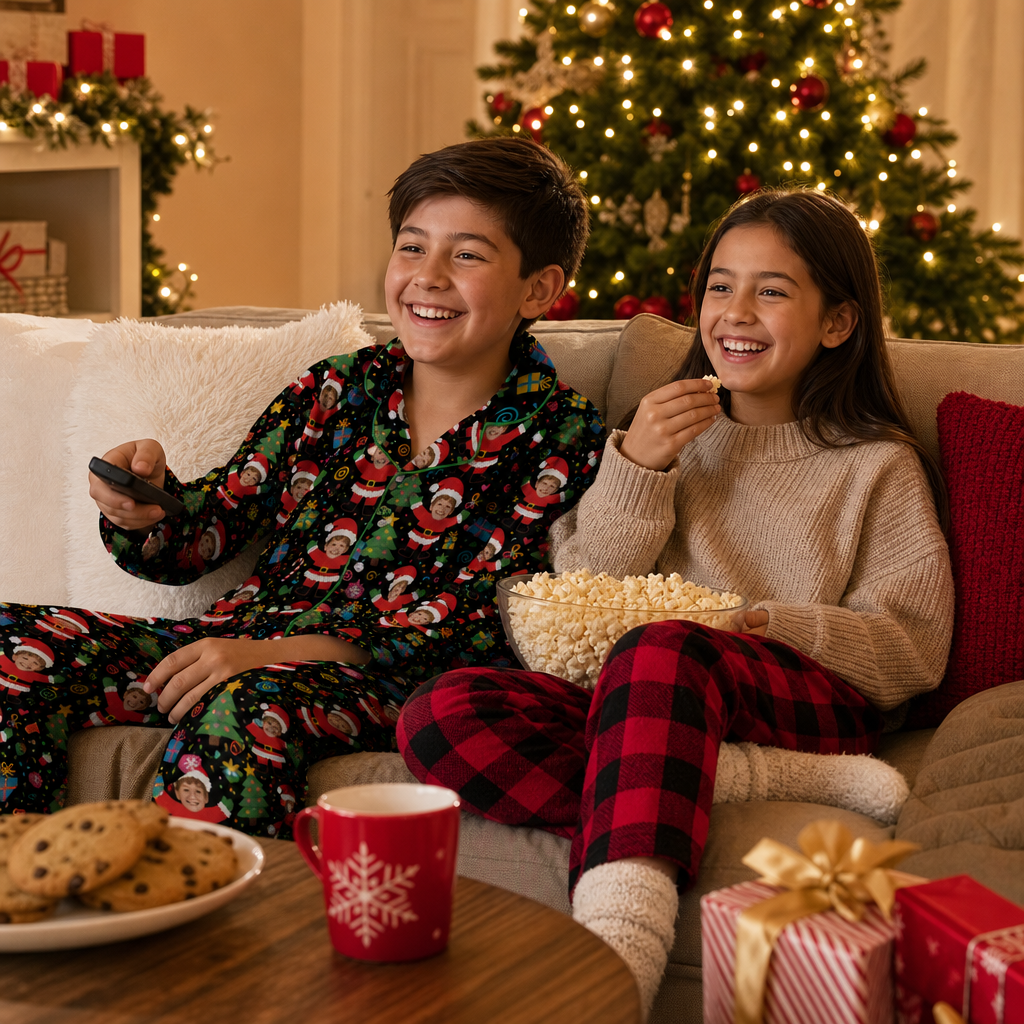 Custom Face Photo Dancing Santa Claus Christmas Personalized Kid Pajamas Set Black Satin Long Sleeve Button Up Holiday Sleepwear Nightwear Lounge Set
