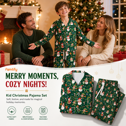 Custom Face Photo Christmas Elf Snowman Personalized Kid Pajamas Set Green Satin Long Sleeve Button Up Holiday Sleepwear Nightwear Lounge Set