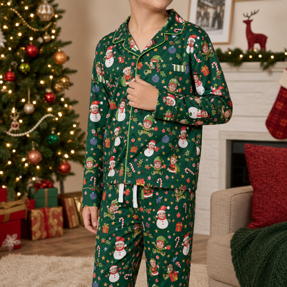 Custom Face Photo Christmas Elf Snowman Personalized Kid Pajamas Set Green Satin Long Sleeve Button Up Holiday Sleepwear Nightwear Lounge Set