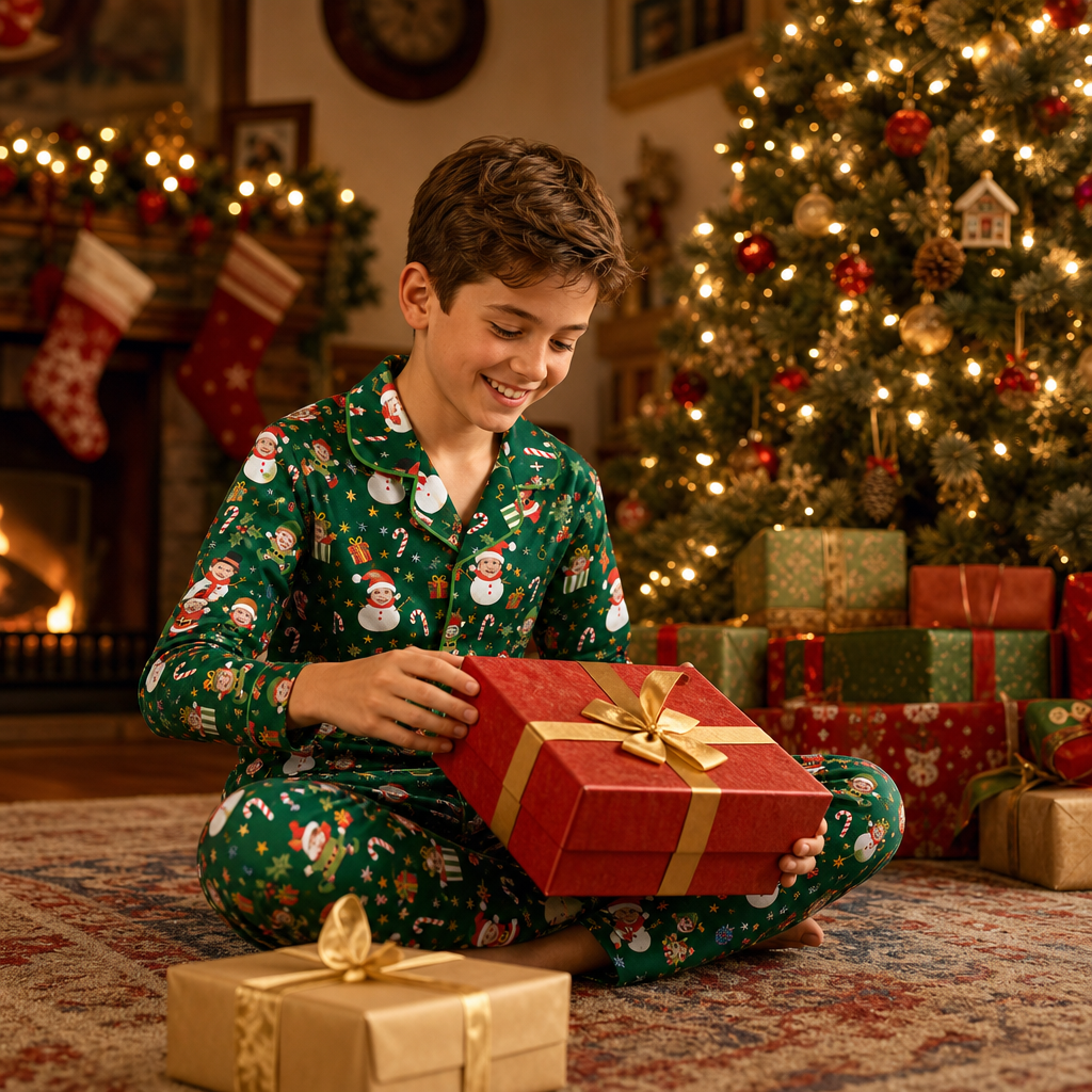 Custom Face Photo Christmas Elf Snowman Personalized Kid Pajamas Set Green Satin Long Sleeve Button Up Holiday Sleepwear Nightwear Lounge Set