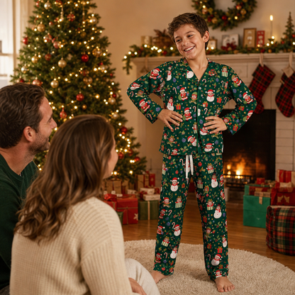 Custom Face Photo Christmas Elf Snowman Personalized Kid Pajamas Set Green Satin Long Sleeve Button Up Holiday Sleepwear Nightwear Lounge Set