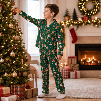 Custom Face Photo Christmas Elf Snowman Personalized Kid Pajamas Set Green Satin Long Sleeve Button Up Holiday Sleepwear Nightwear Lounge Set