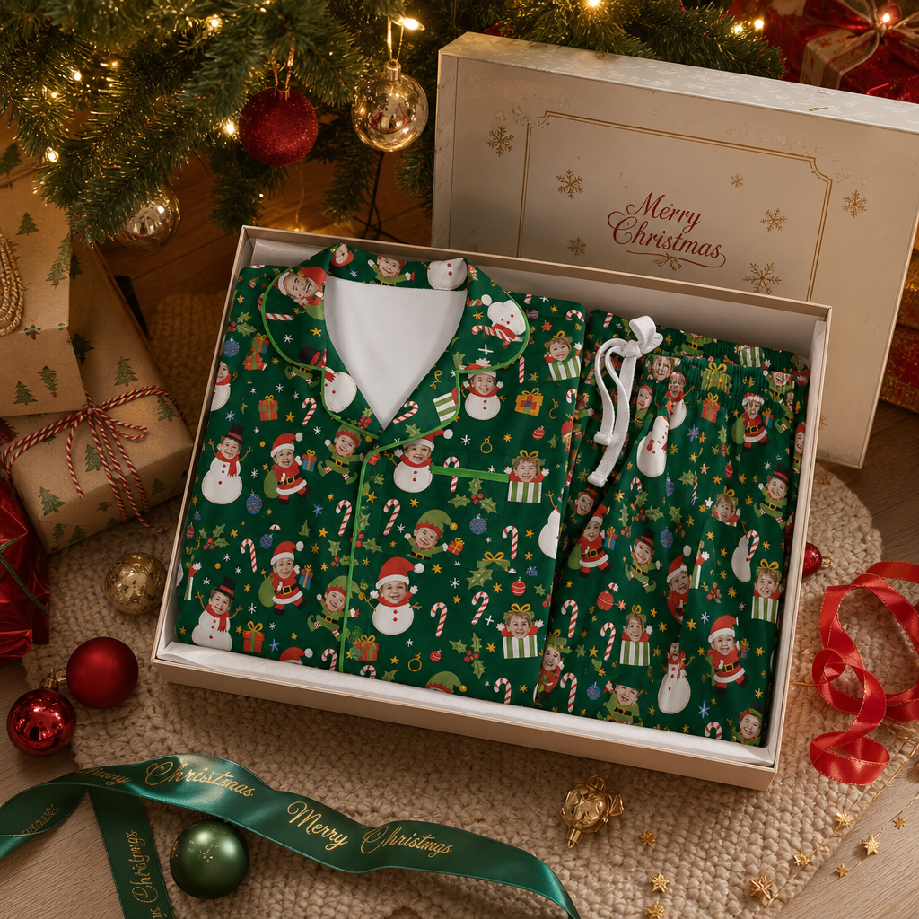 Custom Face Photo Christmas Elf Snowman Personalized Kid Pajamas Set Green Satin Long Sleeve Button Up Holiday Sleepwear Nightwear Lounge Set