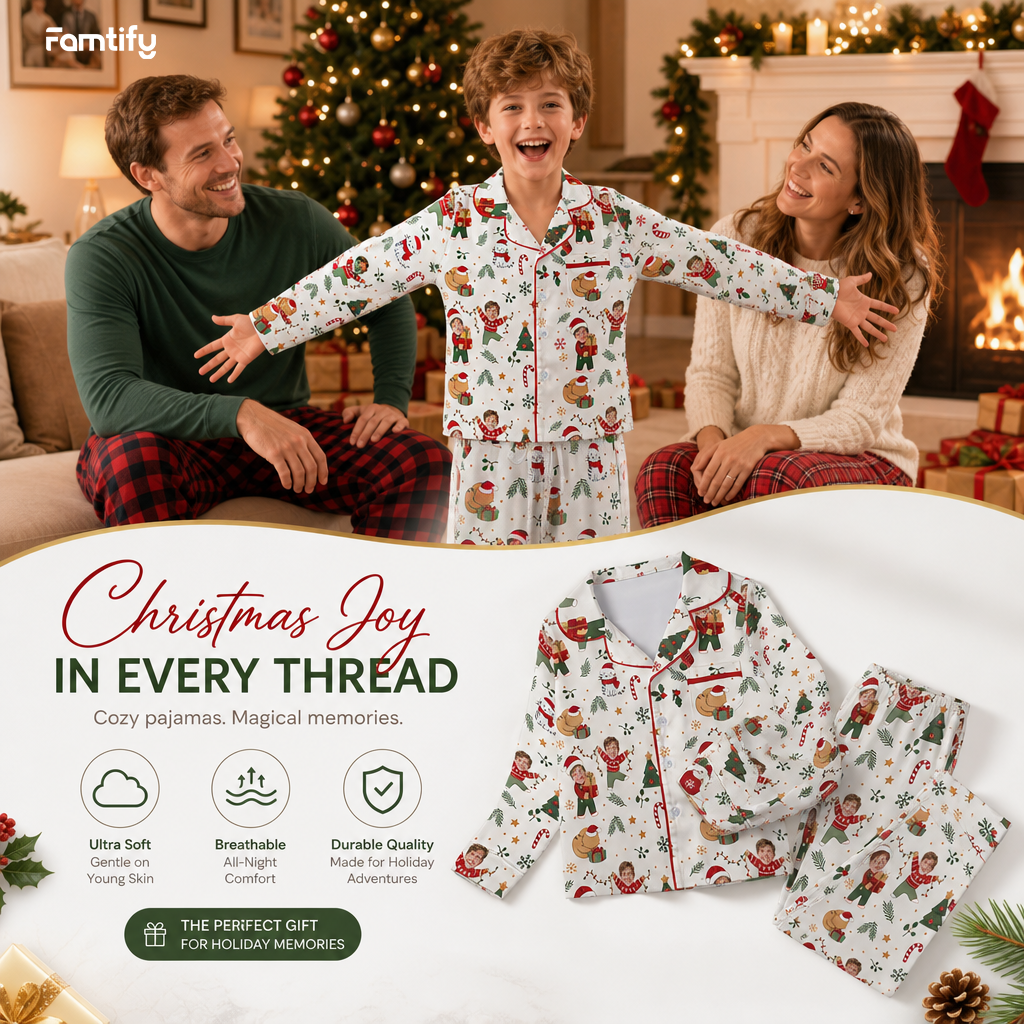 Custom Face Photo Christmas Cat Present Personalized Kid Pajamas Set Cream Satin Long Sleeve Button Up Holiday Sleepwear Nightwear Lounge Set