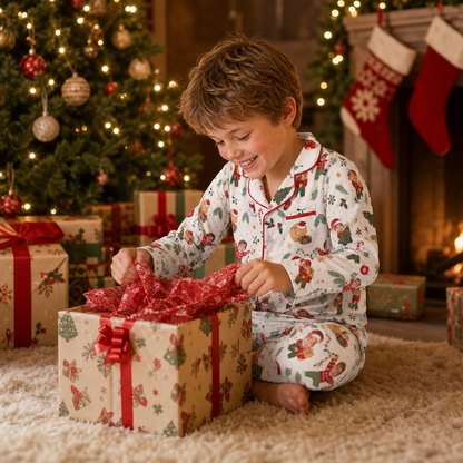 Custom Face Photo Christmas Cat Present Personalized Kid Pajamas Set Cream Satin Long Sleeve Button Up Holiday Sleepwear Nightwear Lounge Set
