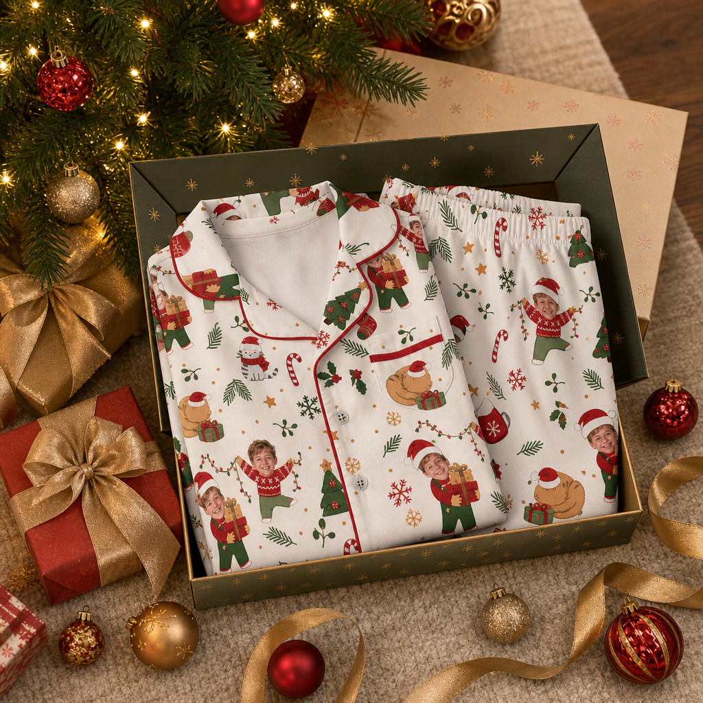 Custom Face Photo Christmas Cat Present Personalized Kid Pajamas Set Cream Satin Long Sleeve Button Up Holiday Sleepwear Nightwear Lounge Set
