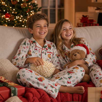Custom Face Photo Christmas Cat Present Personalized Kid Pajamas Set Cream Satin Long Sleeve Button Up Holiday Sleepwear Nightwear Lounge Set