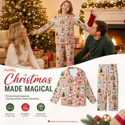 Custom Face Photo Christmas Stamp Frames Personalized Kid Pajamas Set Pink Satin Long Sleeve Button Up Holiday Sleepwear Nightwear Lounge Set