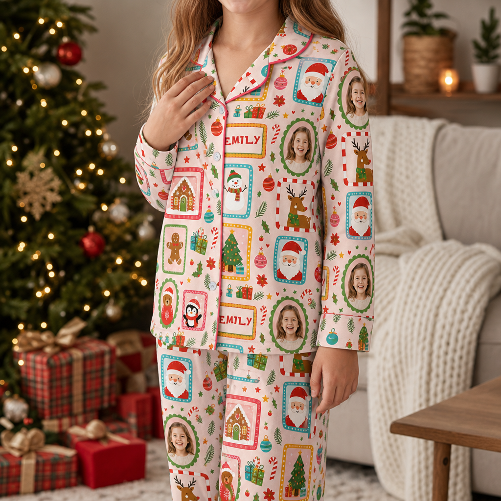 Custom Face Photo Christmas Stamp Frames Personalized Kid Pajamas Set Pink Satin Long Sleeve Button Up Holiday Sleepwear Nightwear Lounge Set