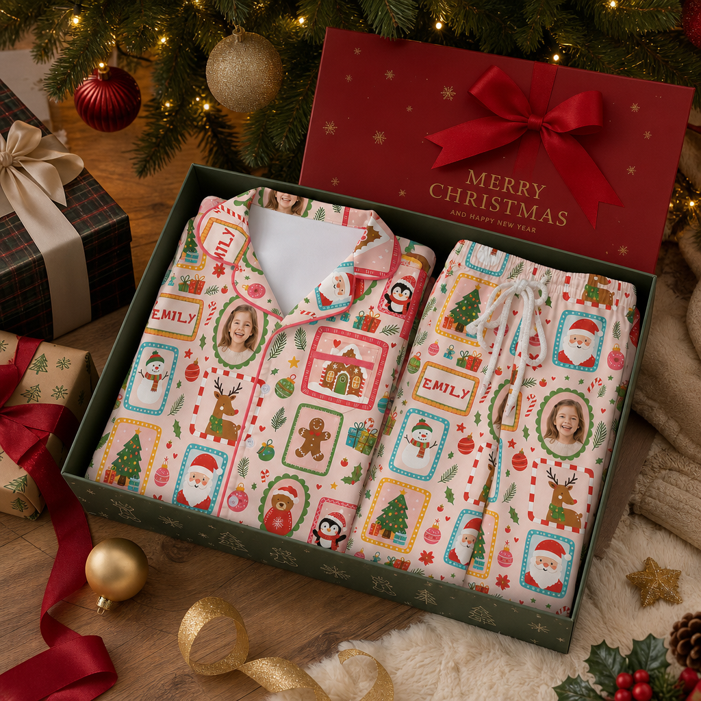 Custom Face Photo Christmas Stamp Frames Personalized Kid Pajamas Set Pink Satin Long Sleeve Button Up Holiday Sleepwear Nightwear Lounge Set