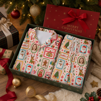 Custom Face Photo Christmas Stamp Frames Personalized Kid Pajamas Set Pink Satin Long Sleeve Button Up Holiday Sleepwear Nightwear Lounge Set