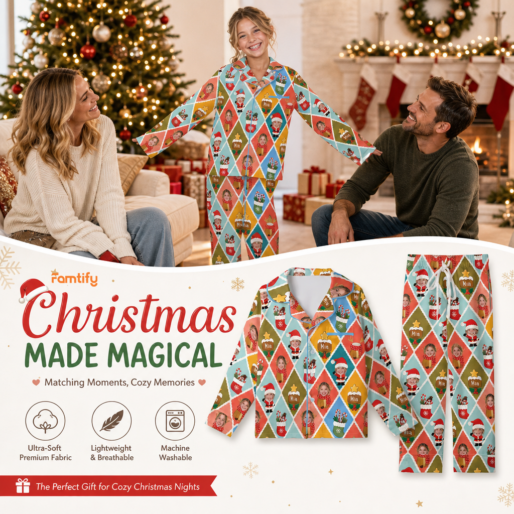 Custom Face Photo Christmas Colorful Argyle Diamond Personalized Kid Pajamas Set Satin Long Sleeve Button Up Holiday Sleepwear Nightwear Lounge Set