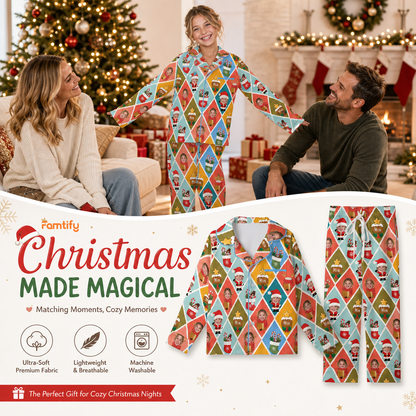 Custom Face Photo Christmas Colorful Argyle Diamond Personalized Kid Pajamas Set Satin Long Sleeve Button Up Holiday Sleepwear Nightwear Lounge Set
