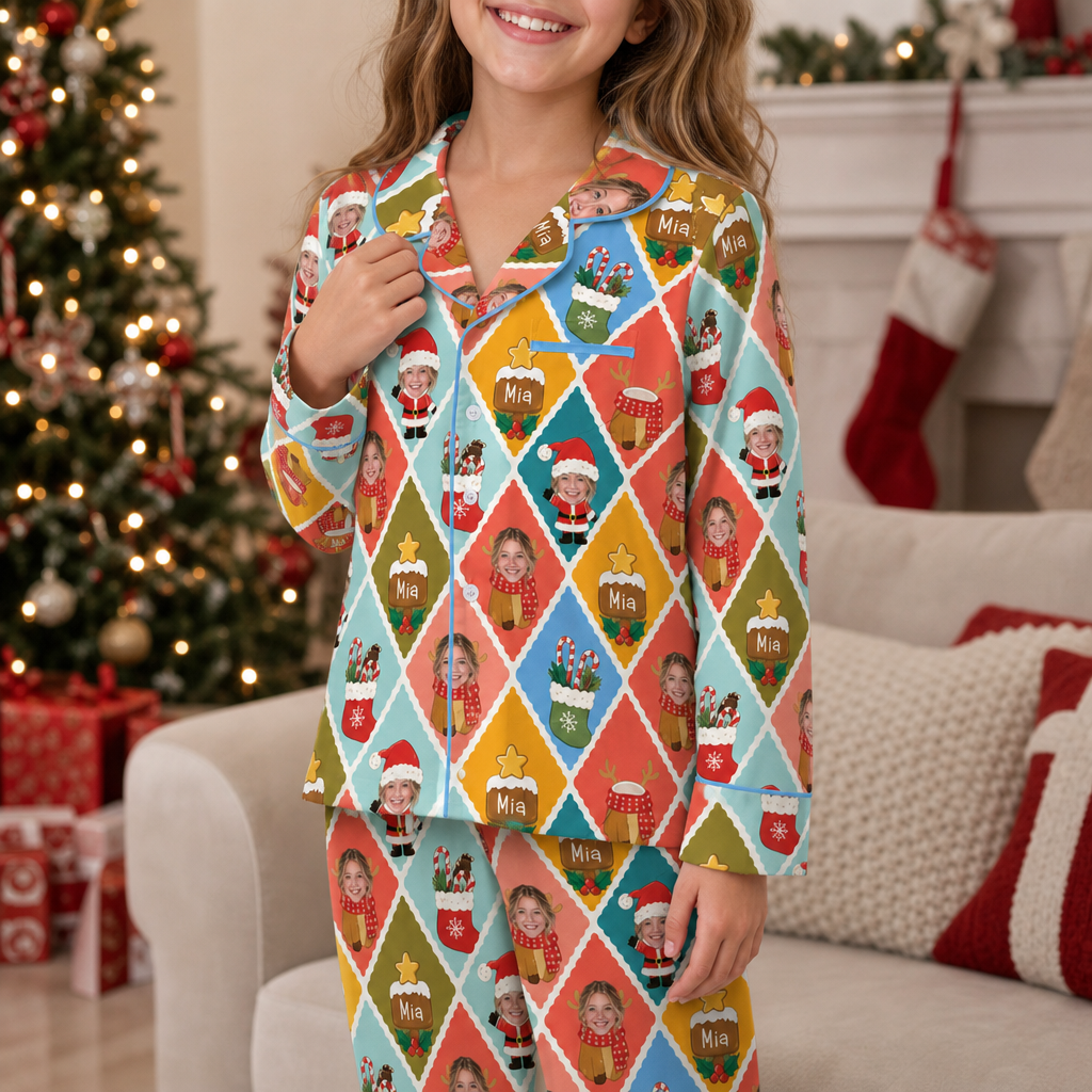 Custom Face Photo Christmas Colorful Argyle Diamond Personalized Kid Pajamas Set Satin Long Sleeve Button Up Holiday Sleepwear Nightwear Lounge Set