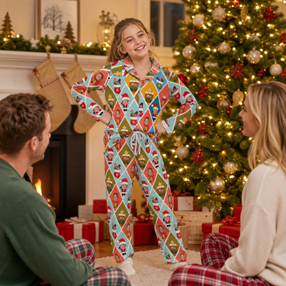Custom Face Photo Christmas Colorful Argyle Diamond Personalized Kid Pajamas Set Satin Long Sleeve Button Up Holiday Sleepwear Nightwear Lounge Set