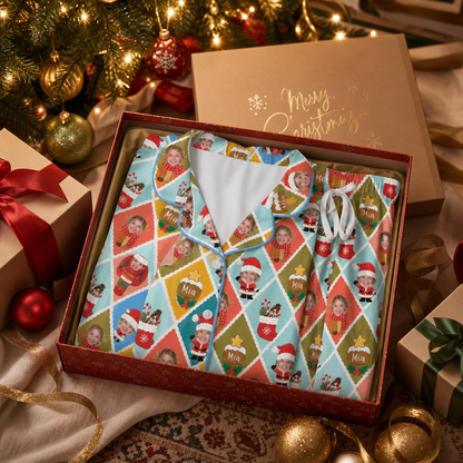 Custom Face Photo Christmas Colorful Argyle Diamond Personalized Kid Pajamas Set Satin Long Sleeve Button Up Holiday Sleepwear Nightwear Lounge Set