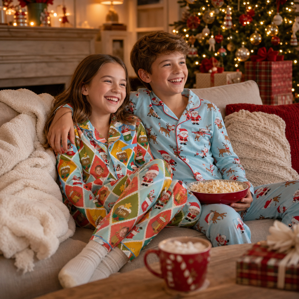 Custom Face Photo Christmas Colorful Argyle Diamond Personalized Kid Pajamas Set Satin Long Sleeve Button Up Holiday Sleepwear Nightwear Lounge Set