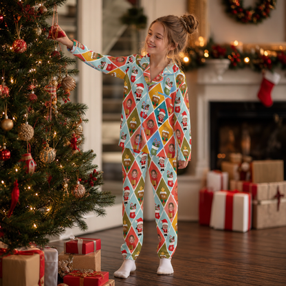 Custom Face Photo Christmas Colorful Argyle Diamond Personalized Kid Pajamas Set Satin Long Sleeve Button Up Holiday Sleepwear Nightwear Lounge Set