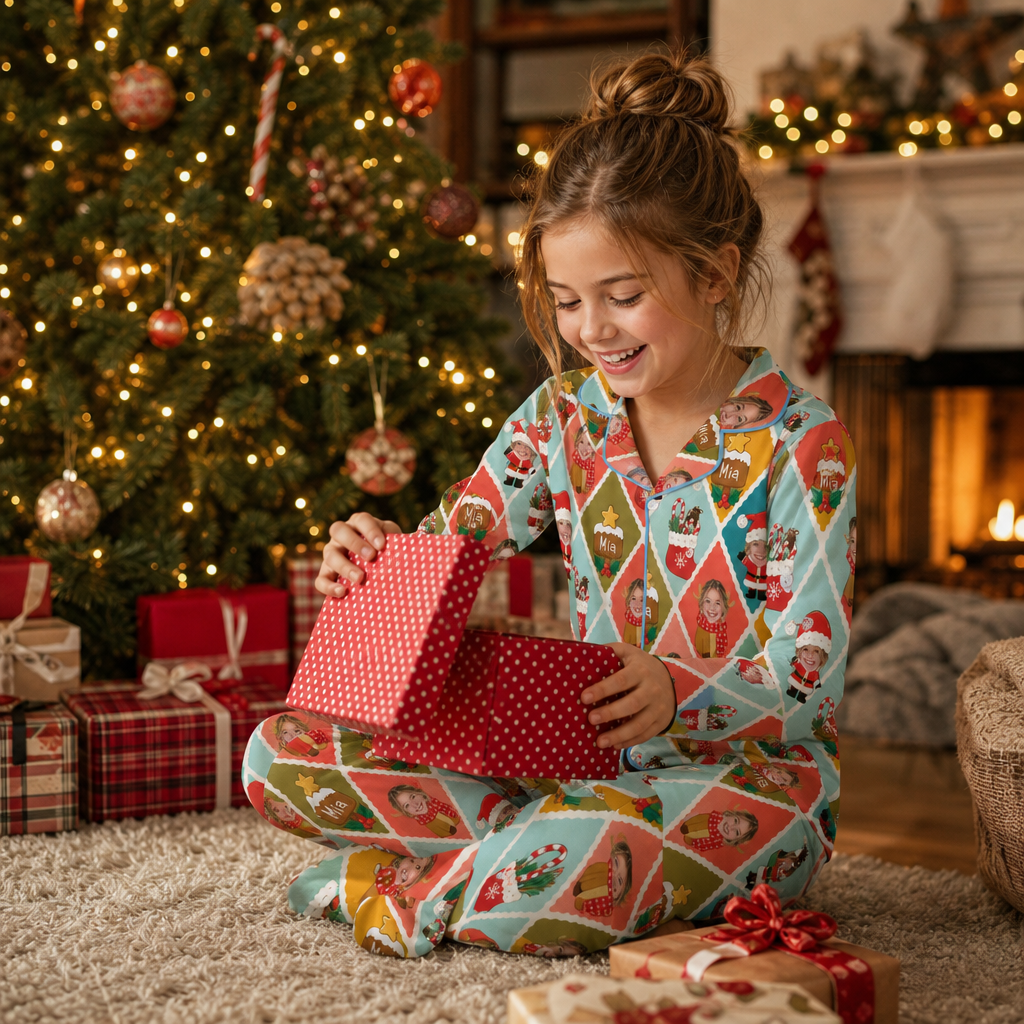 Custom Face Photo Christmas Colorful Argyle Diamond Personalized Kid Pajamas Set Satin Long Sleeve Button Up Holiday Sleepwear Nightwear Lounge Set