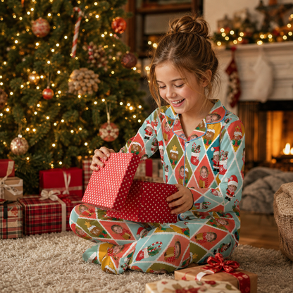 Custom Face Photo Christmas Colorful Argyle Diamond Personalized Kid Pajamas Set Satin Long Sleeve Button Up Holiday Sleepwear Nightwear Lounge Set