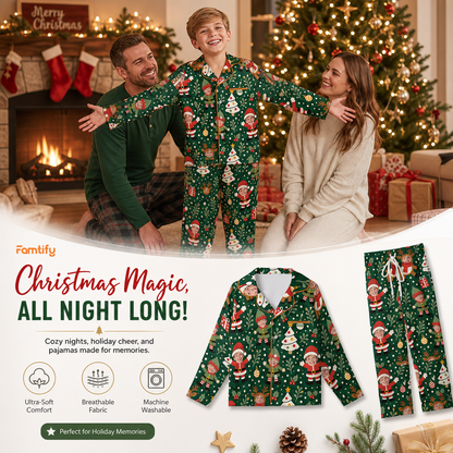 Custom Face Photo Christmas Santa Elf Reindeer Personalized Kid Pajamas Set Green Satin Long Sleeve Button Up Holiday Sleepwear Nightwear Lounge Set