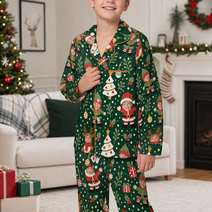 Custom Face Photo Christmas Santa Elf Reindeer Personalized Kid Pajamas Set Green Satin Long Sleeve Button Up Holiday Sleepwear Nightwear Lounge Set