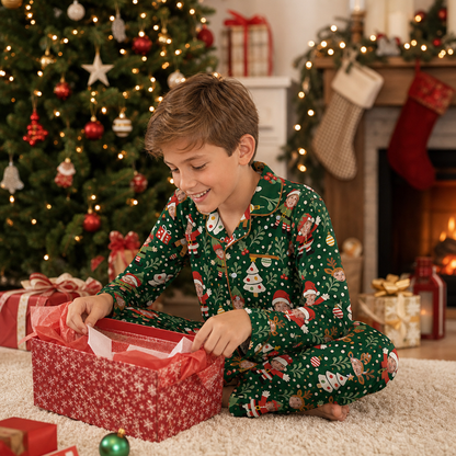 Custom Face Photo Christmas Santa Elf Reindeer Personalized Kid Pajamas Set Green Satin Long Sleeve Button Up Holiday Sleepwear Nightwear Lounge Set