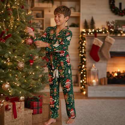 Custom Face Photo Christmas Santa Elf Reindeer Personalized Kid Pajamas Set Green Satin Long Sleeve Button Up Holiday Sleepwear Nightwear Lounge Set