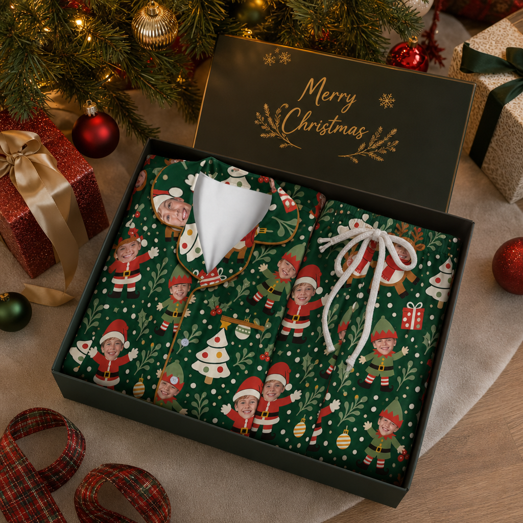 Custom Face Photo Christmas Santa Elf Reindeer Personalized Kid Pajamas Set Green Satin Long Sleeve Button Up Holiday Sleepwear Nightwear Lounge Set