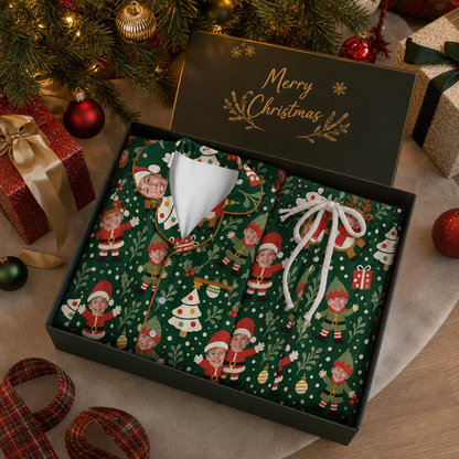 Custom Face Photo Christmas Santa Elf Reindeer Personalized Kid Pajamas Set Green Satin Long Sleeve Button Up Holiday Sleepwear Nightwear Lounge Set