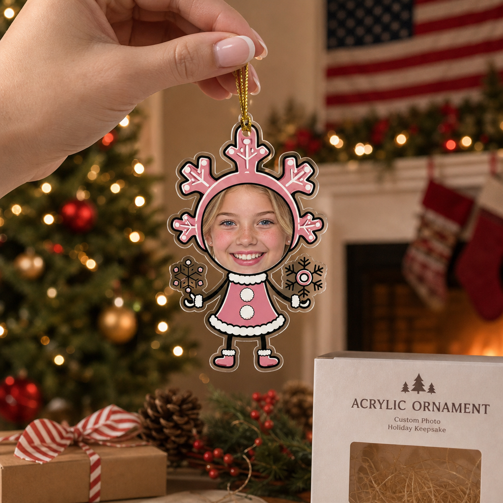 Hand holding the pink snowflake girl face ornament by the fireplace and its gift box
