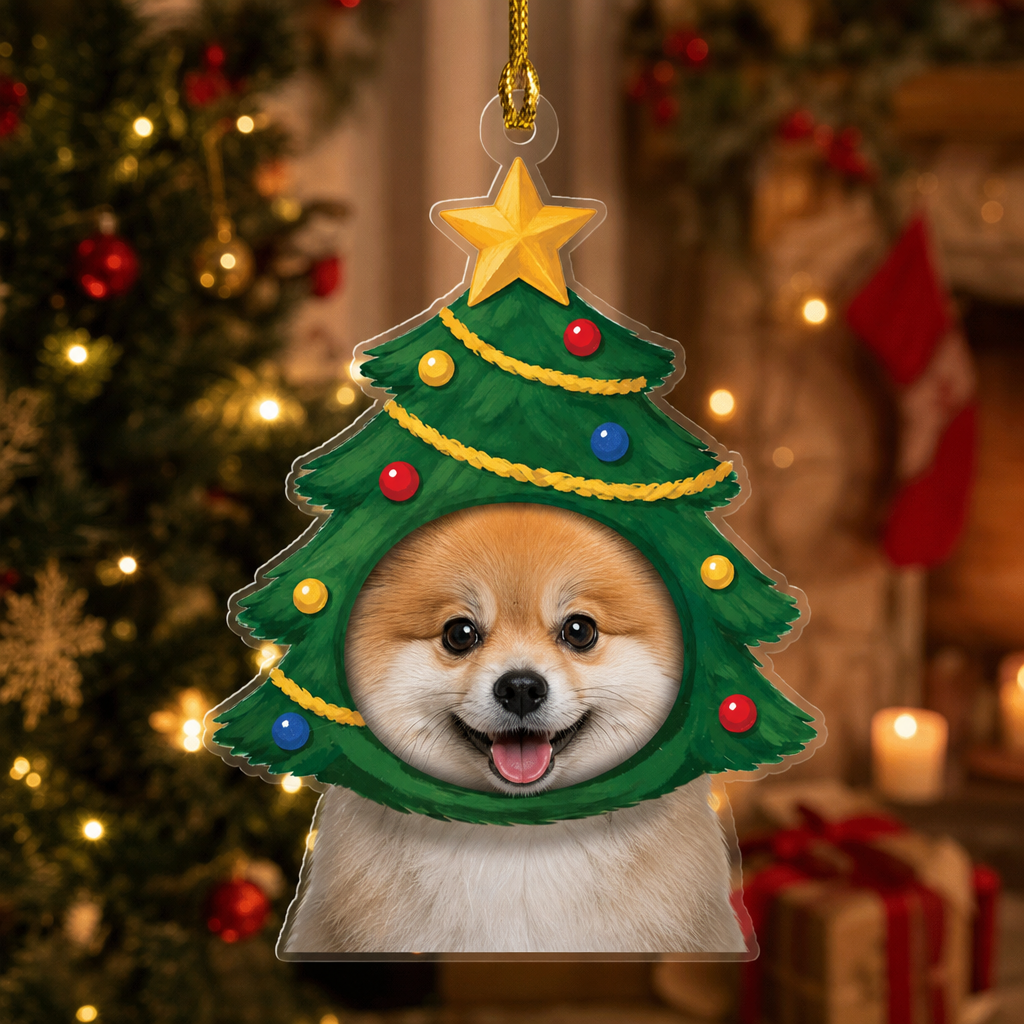 Christmas tree pet ornament with a custom Pomeranian photo by the fireplace