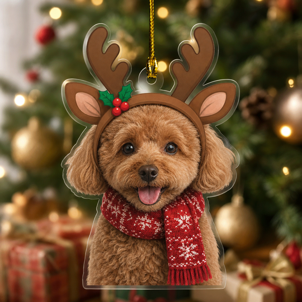 Reindeer pet ornament with a custom poodle photo, antler headband and red scarf by a Christmas tree