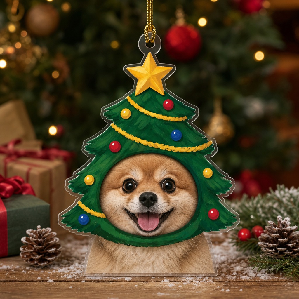 Christmas tree pet ornament with a Shiba style dog photo on a table with pinecones