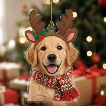 Reindeer pet ornament with a golden retriever photo, antlers and a Fair Isle scarf